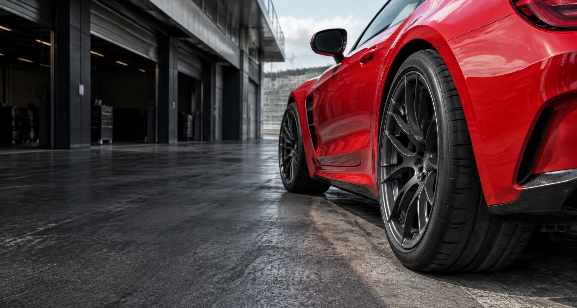 Performance tire on a red sports car in a racing pit lane